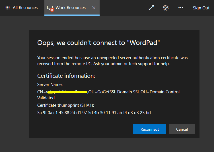 RDP HTML5 Connection error